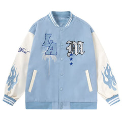 Letter Embroidery Men Baseball Jacket Y2k Flame Leather Windbreaker High Street Hip-Hop Vintage