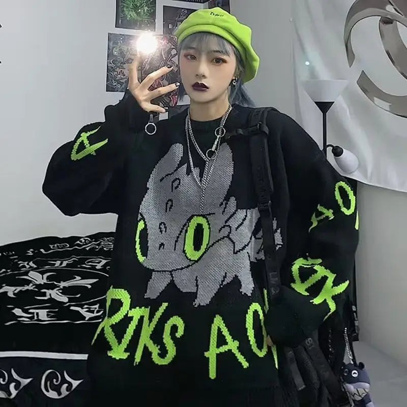 Cartoon Pattern Padded Sweaters: Winter Harajuku Knitwear for High Street Style