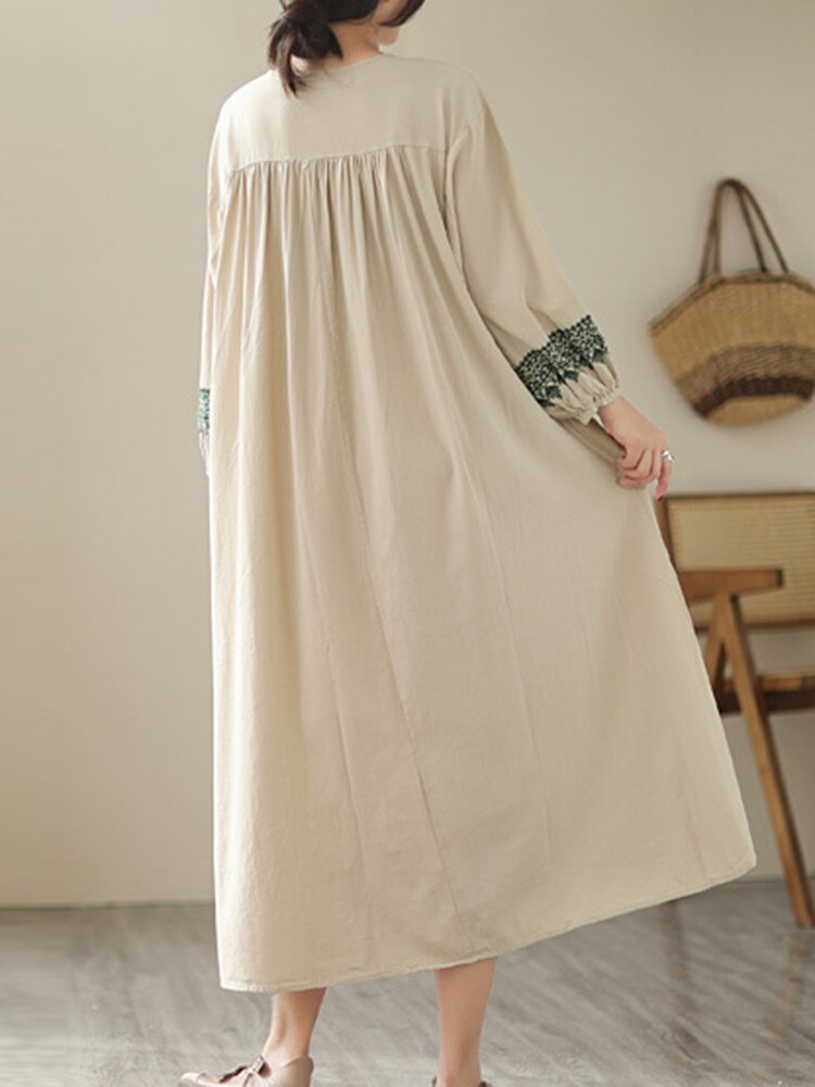 Long Cotton Dresses Women Vintage Style Geometric Embroidery Loose Female Casual Dress