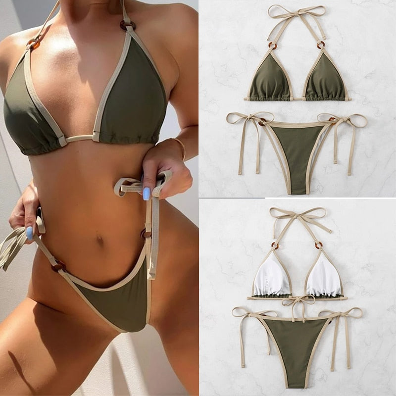 Retro Bikini Patchwork Swimsuit Thong Brazilian Sexy Swimwear