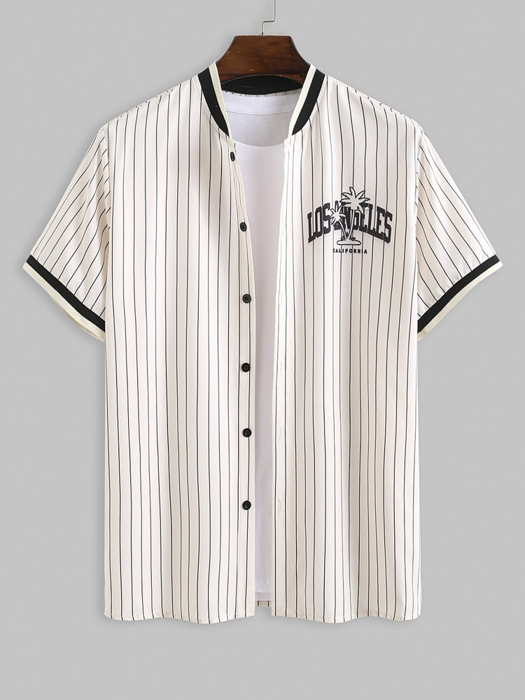 Men's Preppy Style Short Sleeve Shirt Striped, Cotton-Polyester Blend, Casual and Breathable, Turn-down Collar