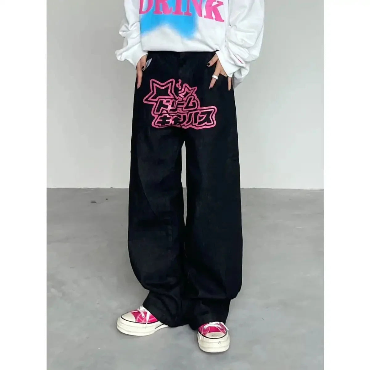 Men's Retro Y2K Black Denim Jeans Hip-Hop Loose Fit
