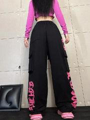 Y2K Cargo Retro Pink Printed Trousers Street Hip Hop Loose Casual Harajuku