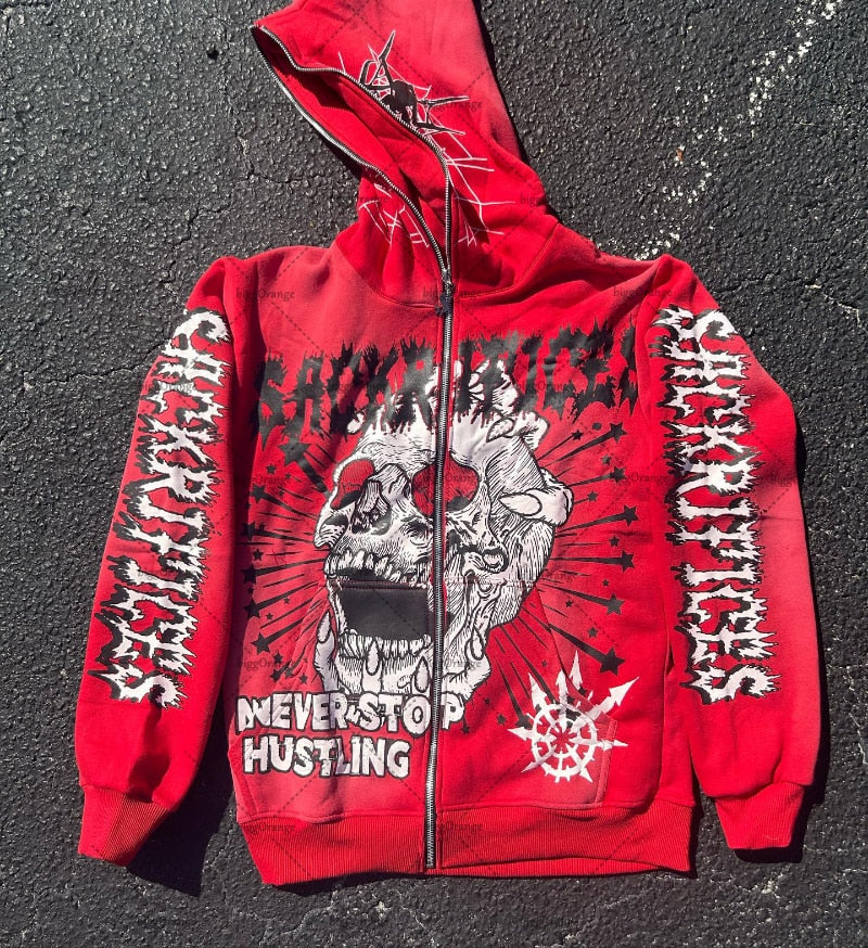 Y2K Skull Printed Zipper Hoodie Gothic Street Hip Hop Retro Casual Women