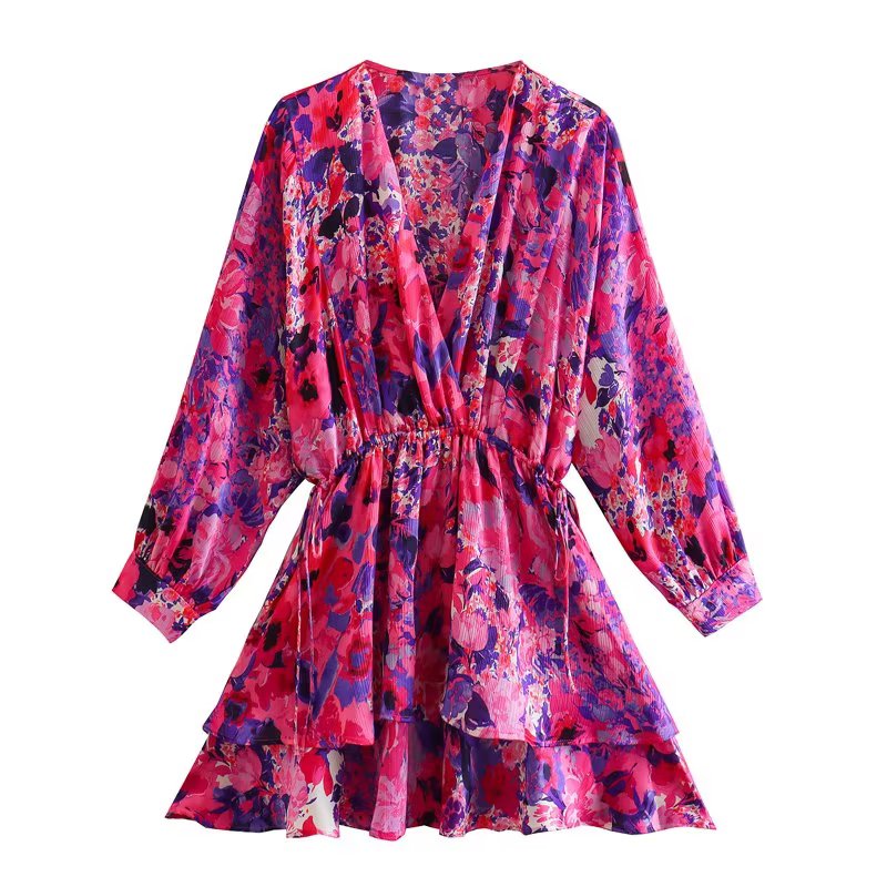 KEYANKETIAN Women Fashion V Neck Floral Print Double Layer Ruffles A Line Mini Shirt Dress Female