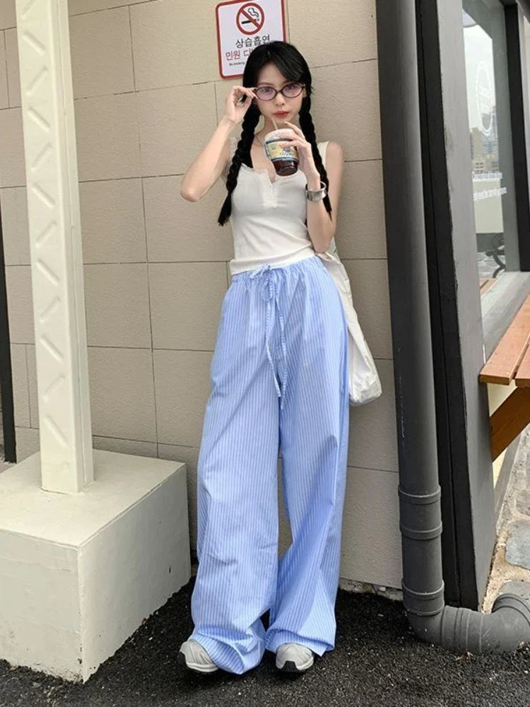 Y2K Blue Striped Wide Legs, Vintage High-Waist Pants