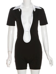Short Sleeve Cut The Check Collar Jumpsuit