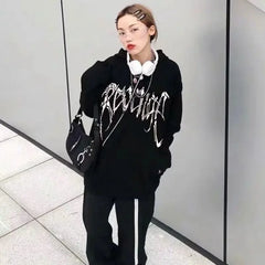 Hooded Graphic Top Baggy with Orint on Hoodies Loose Sweatshirt Pullovers