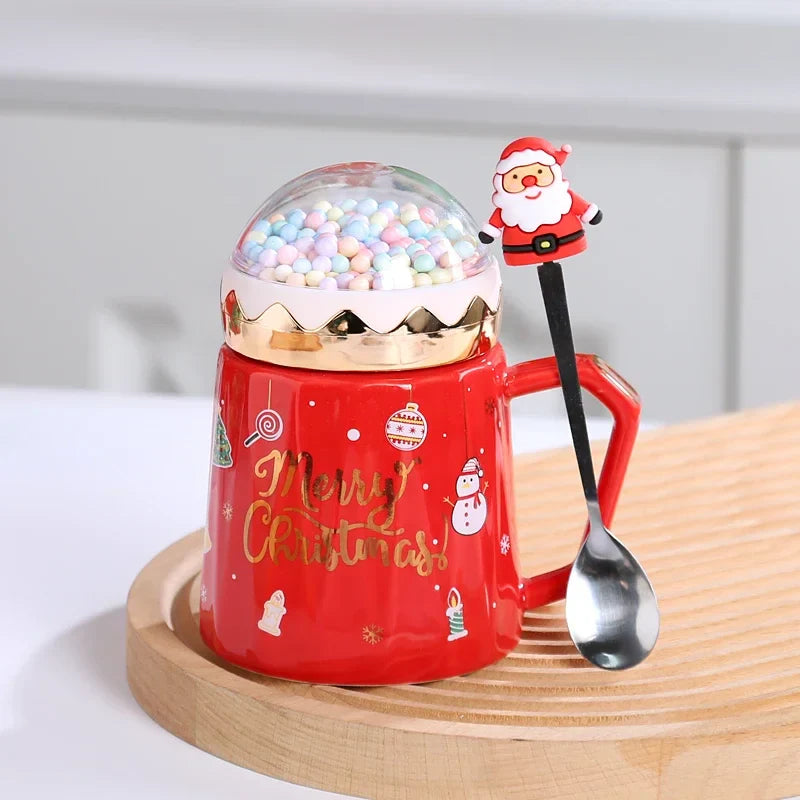 Christmas Mugs with Lid and Santa Claus Spoon Style Cartoon