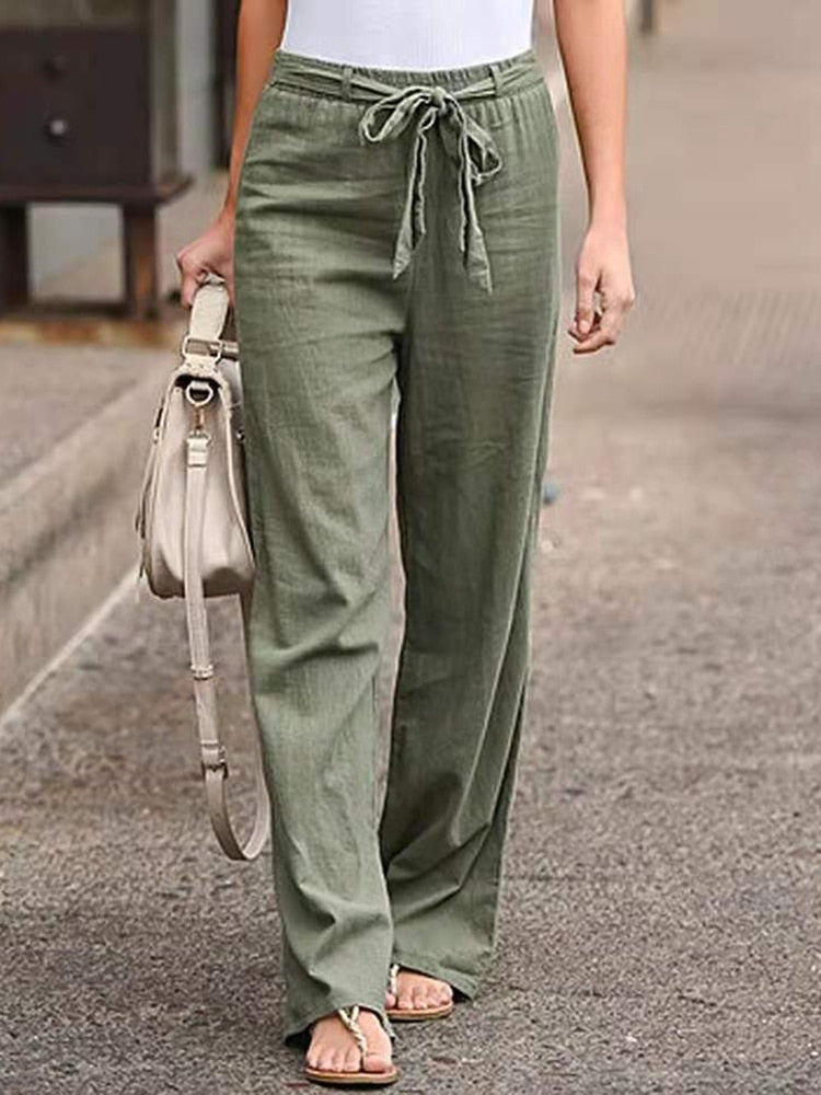 Cotton and Linen Wide-Leg Pants Elastic Waist Minimalist Style"