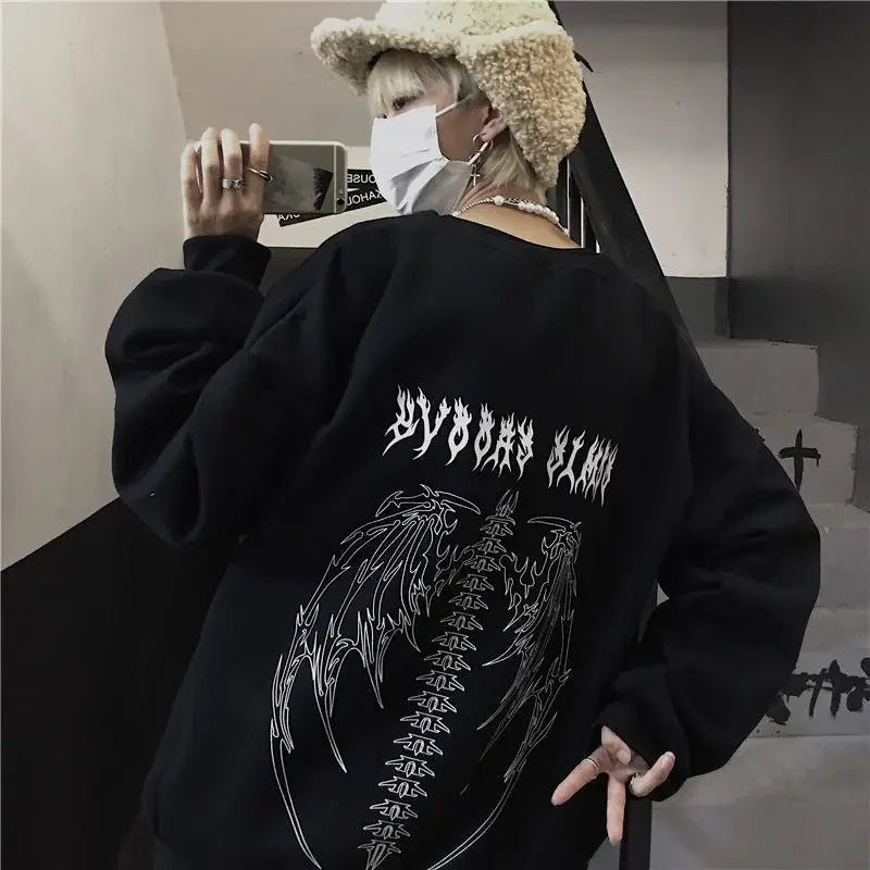 Punk Black Sweatshirts Gothic Grunge Oversized Hoodie for Women's