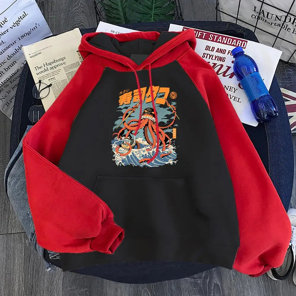 Printing Sweatshirts Pocket Spliced Fleece Pullovers Loose Warm Comfortable Neutralstreetwears