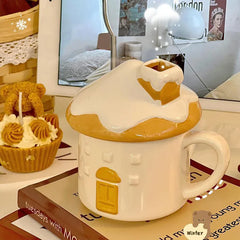 ingerbread House Ceramic Coffee Mug with Lid Cute Kitchen Drinkware