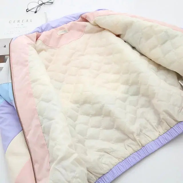 Spring Original Niche Chic Women Basic Jackets Color Block Cartoon Print Stand Collor Coat Harajuku