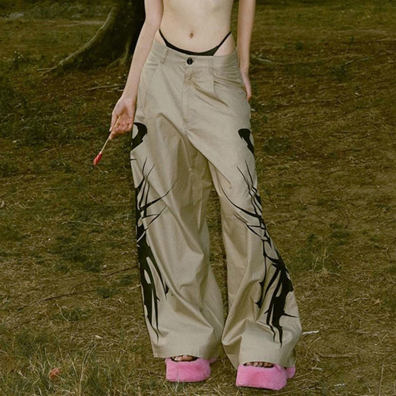 Broken Ink Printed Cargo Pants Women New High Street Retro Trend