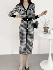 Stylish Slim Fit V-Neck Knit Dress with Bird Lattice Pattern Autumn Winter Collection