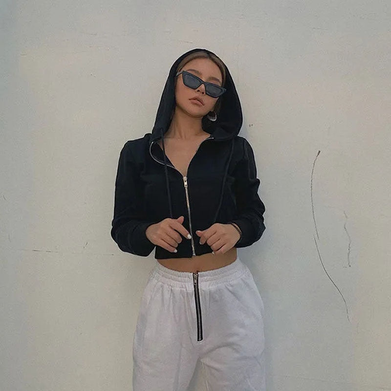 Hoodies Vintage Women Sexy Y2K Solid Short Sweatshirt