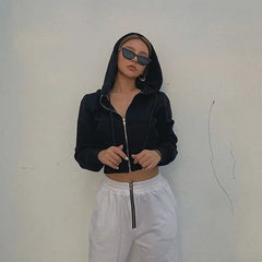 Hoodies Vintage Women Sexy Y2K Solid Short Sweatshirt