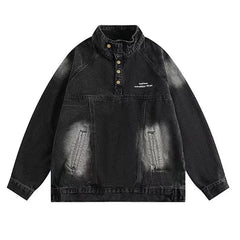 Japanese Denim Hooded Jacket Men Women Loose Casual Vintage Sweatshirt Coat High