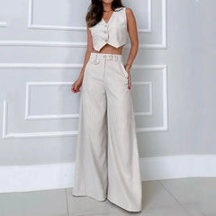 Striped Vest Top & Cuffed Pants Wide Leg Two Piece Suit Single Breasted