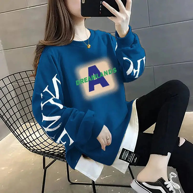 Printed Spliced Fake Two Pieces Sweatshirts 2024 Autumn Winter Loose