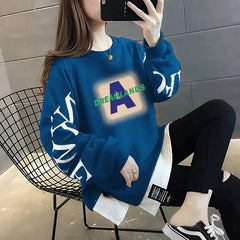 Printed Spliced Fake Two Pieces Sweatshirts 2024 Autumn Winter Loose