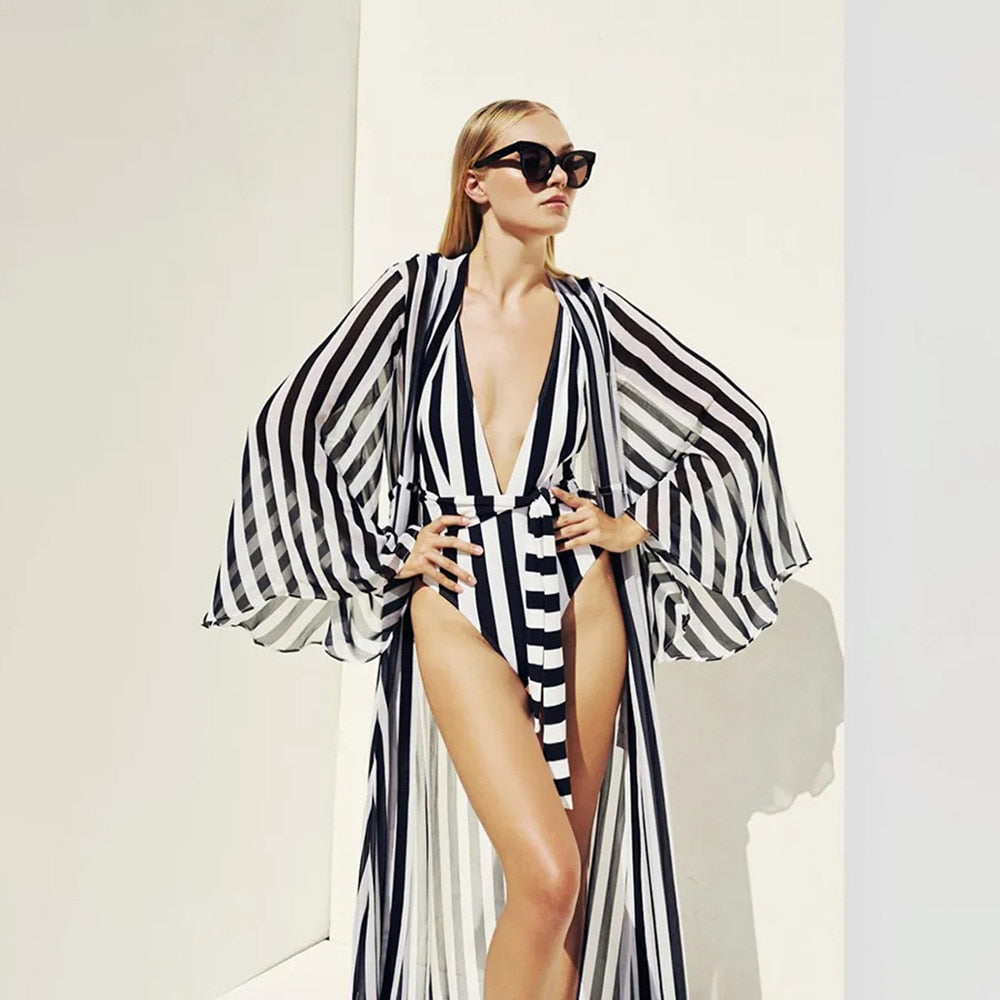 Bikini Beachwear Cover Up Swimswaer Black and White Striped