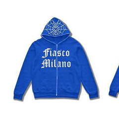 Men's Spider Web Letter Print Full Zip Hoodie Streetwear