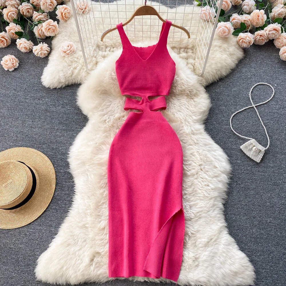 Hips Split Bodycon Dress Summer Fashion Lady Knitted Party Vestidos Sundress