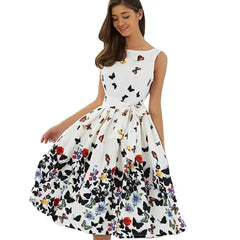 Crewneck sleeveless garden pleated lace-up dress with playful cute mid-length dress