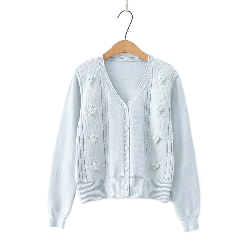 2023 Autumn Women's Floral Embroidered Cardigan: V-Neck Chic Sweater