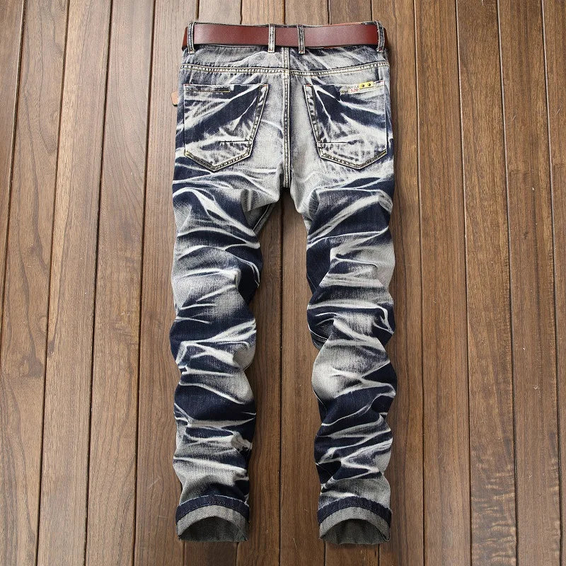 Casual Mid-rise Coated Slim Straight Pleated Biker Jeans Pants