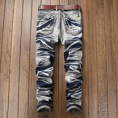 Casual Mid-rise Coated Slim Straight Pleated Biker Jeans Pants