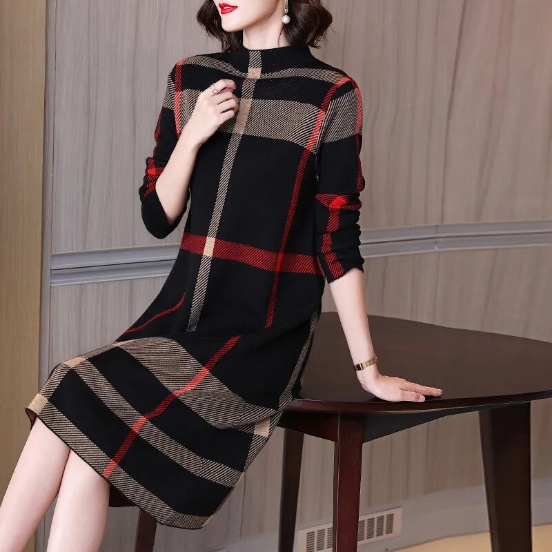 Korean Vintage Striped Midi Sweater Dress Autumn and Winter 2023