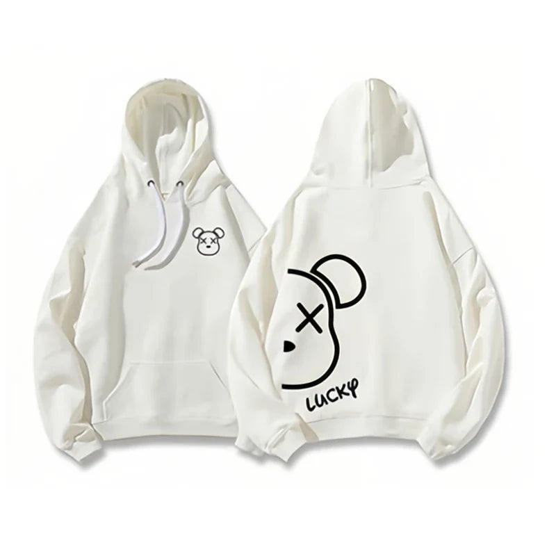 Cartoon Bear Puzzle Graphic Print Loose Hooded Hoodies Cotton Spring Autumn