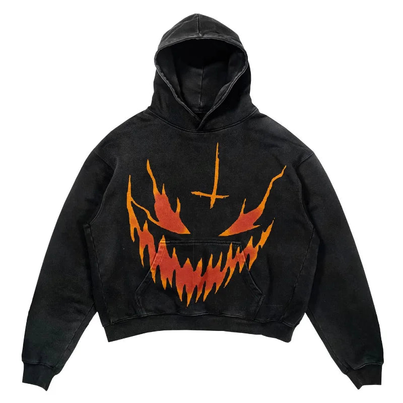 Y2K Grunge Hoodie with Scary Spooky Jack O Lantern Face Pumpkin Print