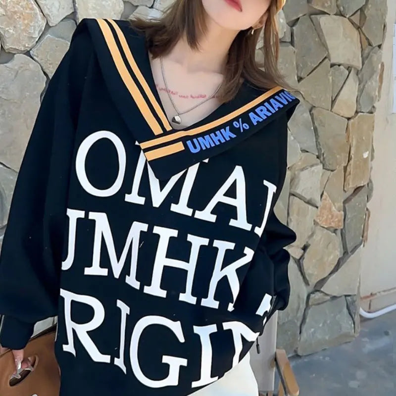 Spring Autumn Letter Printed Sweatshirts Korean Loose V-Neck Shawl Casual Spliced