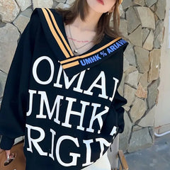 Spring Autumn Letter Printed Sweatshirts Korean Loose V-Neck Shawl Casual Spliced
