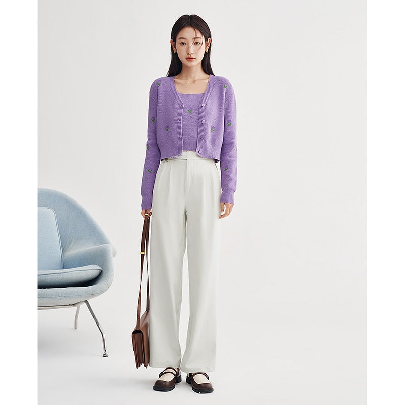 Sweaters Women Knit Cardigan Spring Long Sleeves V Neck Loose Floral Embroidery Purple