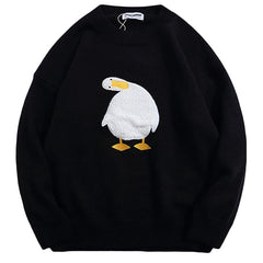 Men Harajuku Oversized Knitted Sweater Cartoon Duck Goose Print