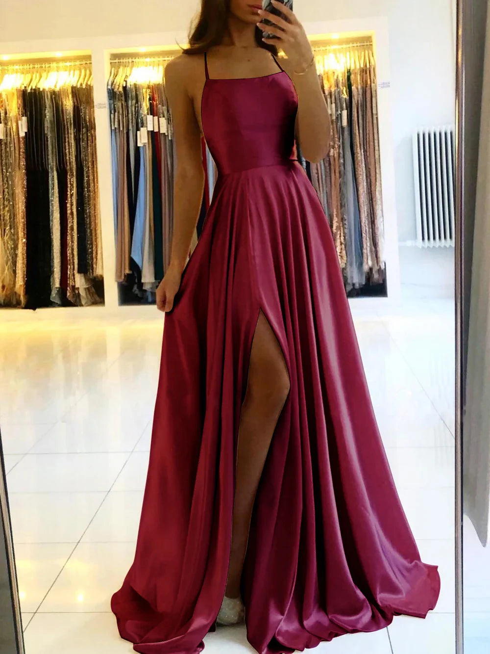 Simple Spaghetti Straps Sexy Slit Wedding Prom Party Gowns Vestidos