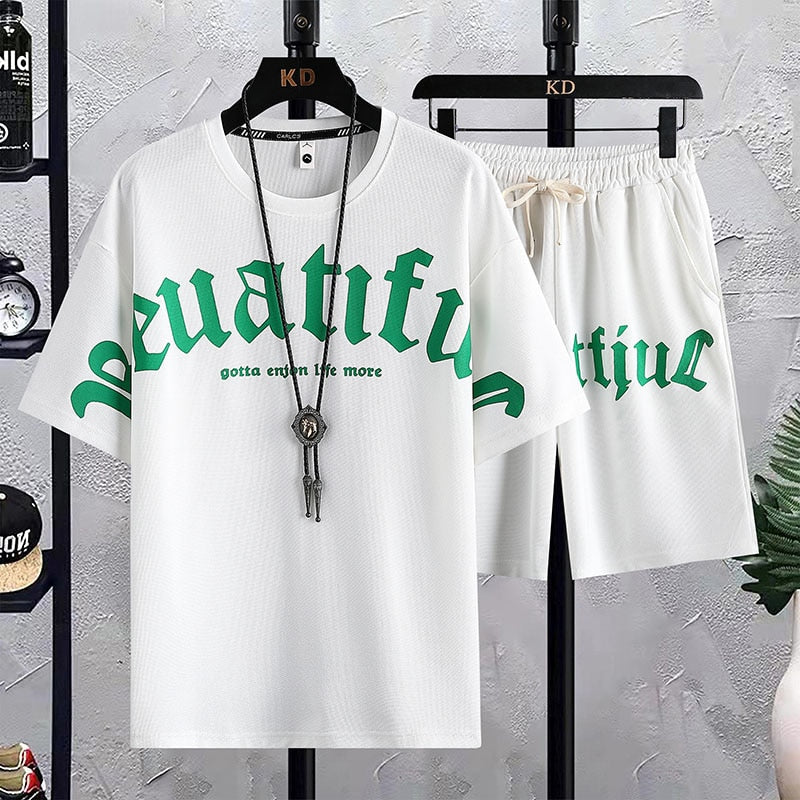 Men's Summer Letter Printing T-shirt and Shorts Set Sports Suit