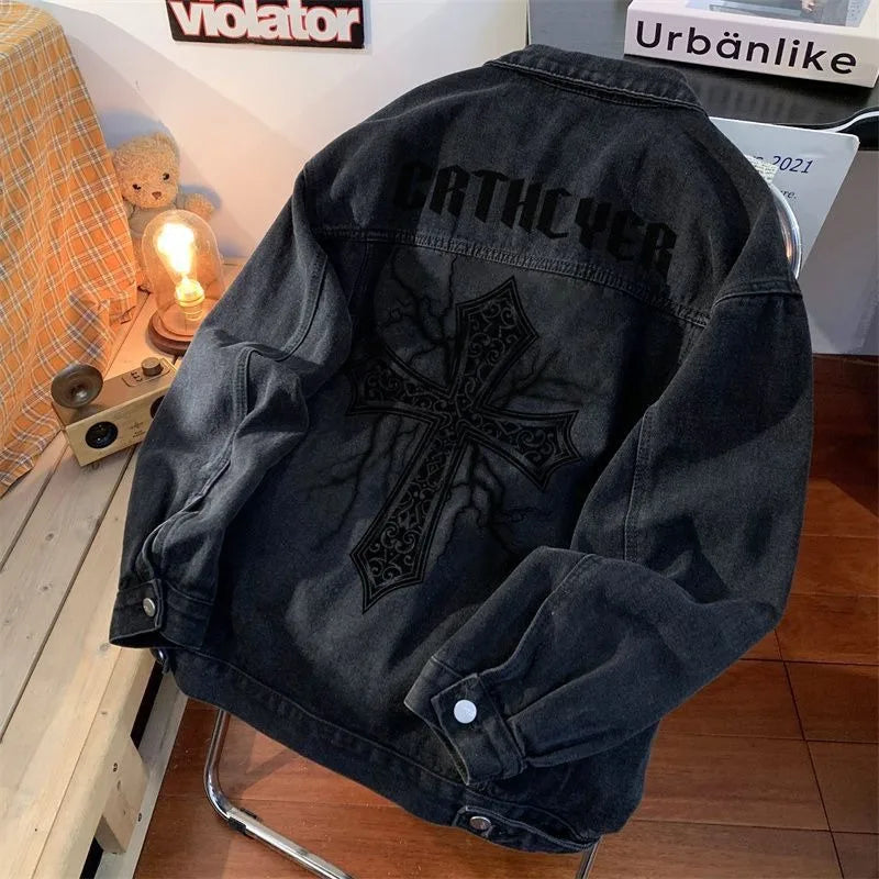 Cross Printed Denim Jacket Male Y2K Street Fashion Retro Popular Casual