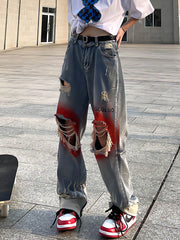 Retro Streetwear Flame Print Jeans: Y2k Blue Fashion for 2023