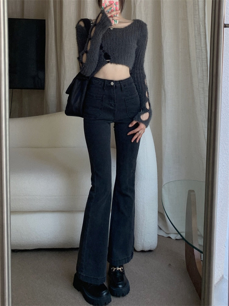 Chic Black High Waist Flare Jeans for Women Autumn Korean Fashion