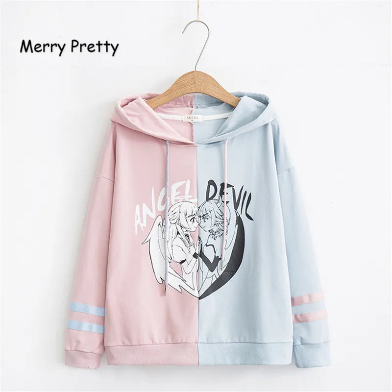 Cute Kawaii Women's Hooded Sweatshirt: Lovely Patchwork Pullover