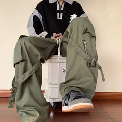 Streetwise Green Men Oversize Zipper Cargo Pants for Hip Hop Style