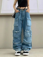 Chic Vintage High Waist Cargo Pants Trendy Women's Casual Wide Leg Jeans