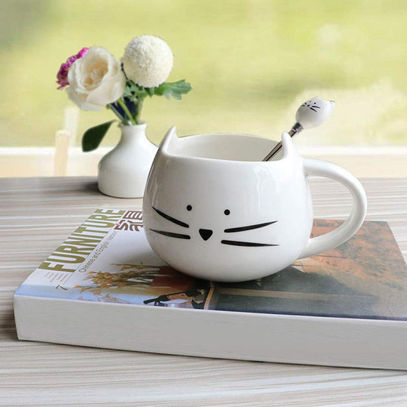 Cartoon Cat Mugs Coffee Cups with Stirring Spoon Black White Ceramic