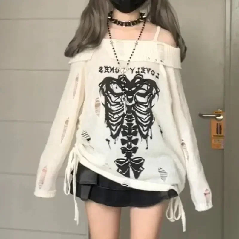 Y2k Harajuku Gothic Knitted Pullovers Skull Off The Shoulder Punk Girls Hole Loose Sweater